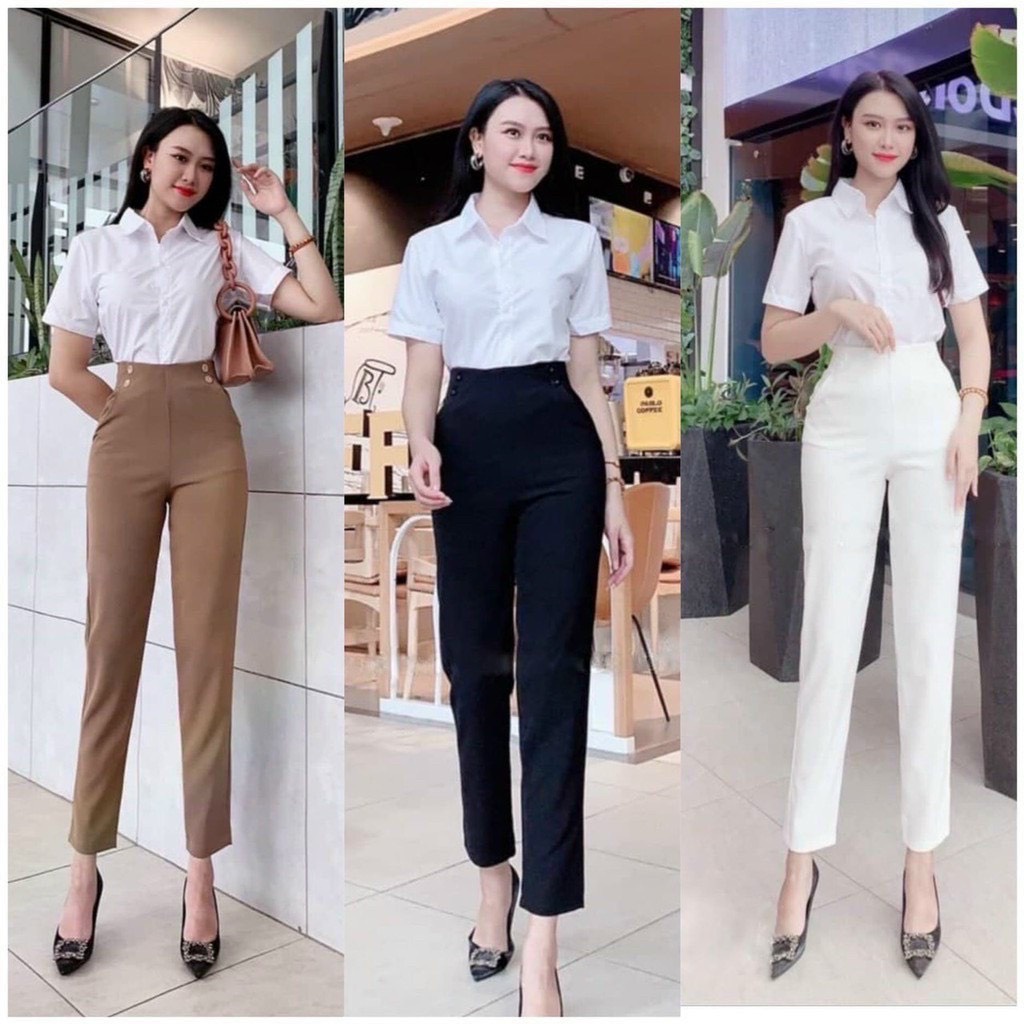 Quần tây ống ôm kiểu đính 2 nút 2 bên hồng cực xinh , chất tuyết mưa dày dặn mềm mịn