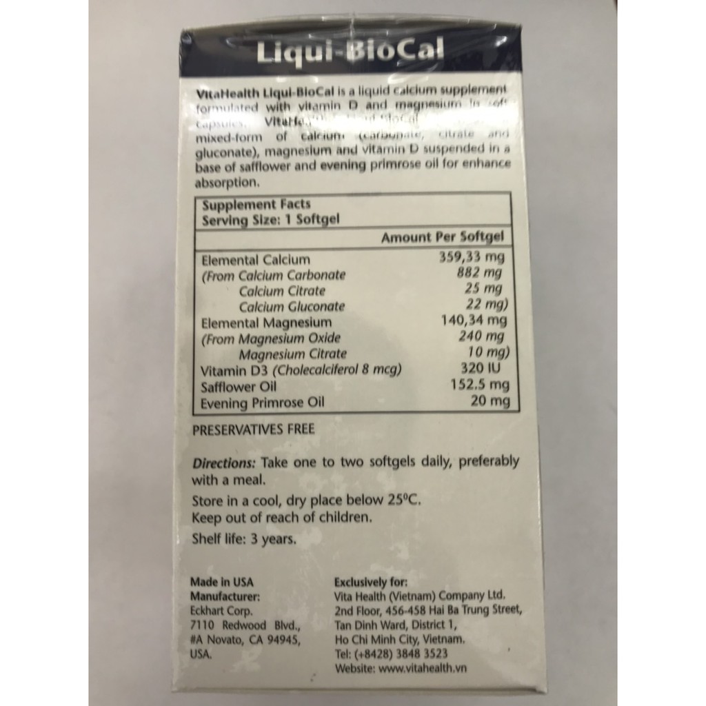 Viên Uống Bổ sung Canxi và Vitamin D3 Giúp Xương-Răng Chắc Khỏe Vitahealth Liqui-Biocal (30 viên/ hộp) Mỹ