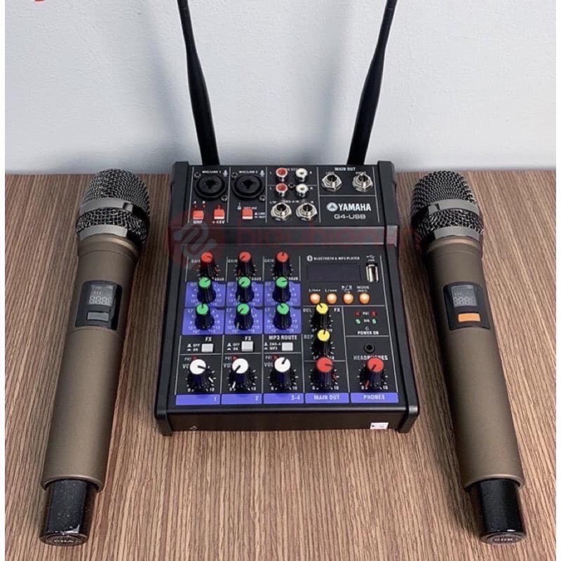 Bàn Mixer G4 live stream được hỗ trợ màn hình LED có bluetooth kiêm 2 mic không dây tiện cho oto loa kéo và các loa khác