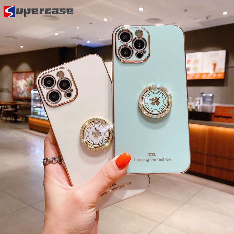 Ốp Điện Thoại Tpu Dẻo Mạ Viền 6d Kèm Giá Đỡ Nhẫn Hình Cỏ Ba Lá Cho Xiaomi Mi 11 10 Pro Lite Ultra 10s 10t Lite Poco M2 Pro