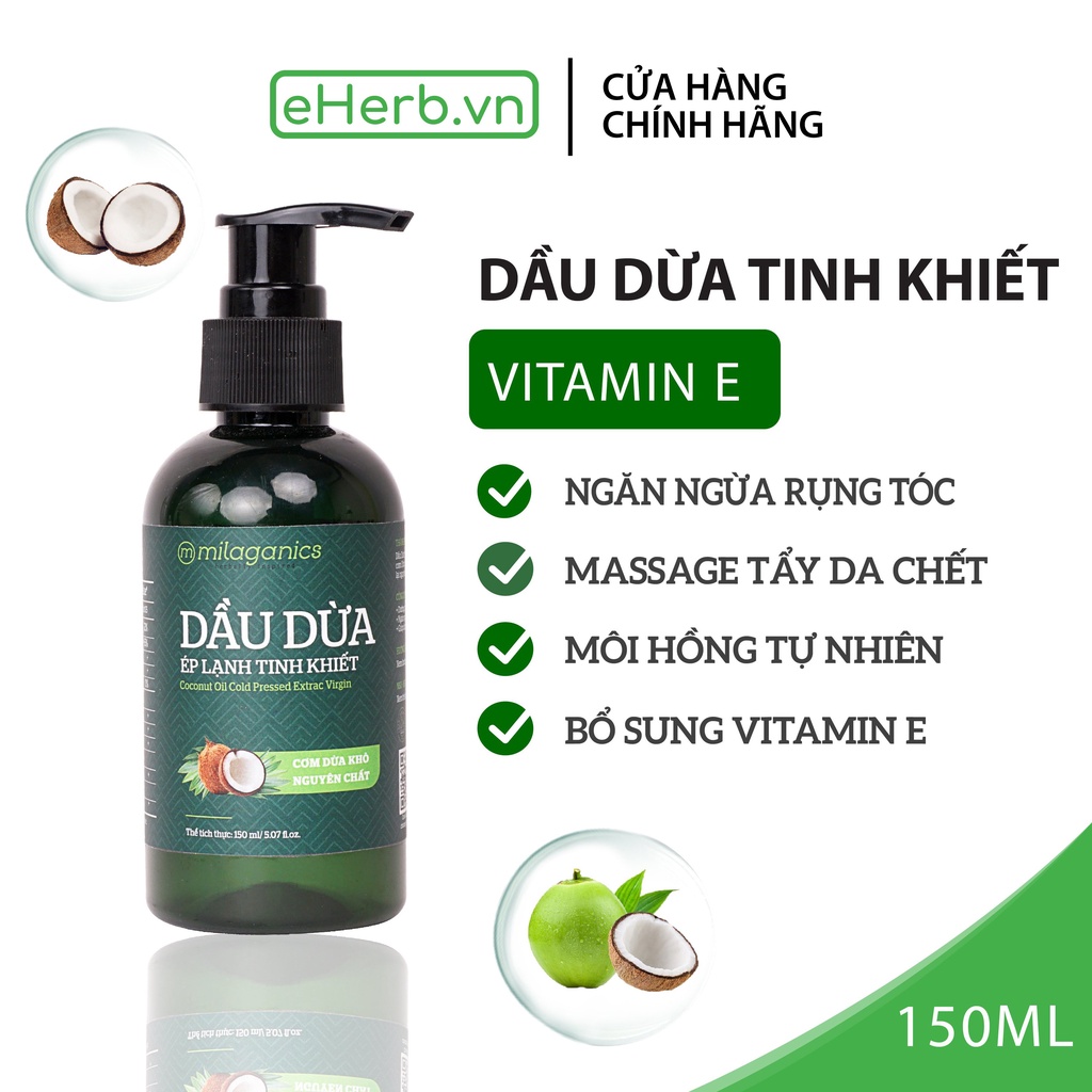Dầu dừa ép lạnh nguyên chất mỹ phẩm - dầu dừa dưỡng tóc, môi & da vòi pump MILAGANICS 150ml