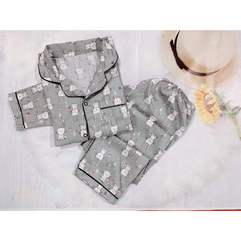 Bộ ngủ pijama lụa kate thái áo dài quần dài bộ mặc nhà mềm mại dễ thương H 1 Ghi Thỏ