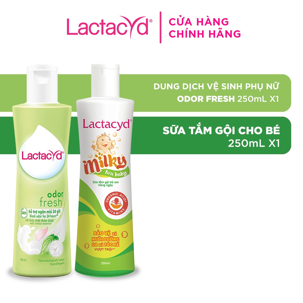 Bộ Dung Dịch Vệ Sinh Phụ Nữ Lactacyd Odor Fresh Ngăn Mùi 24H 250ml + Sữa Tắm Gội Trẻ em Lactacyd Milky 250ml