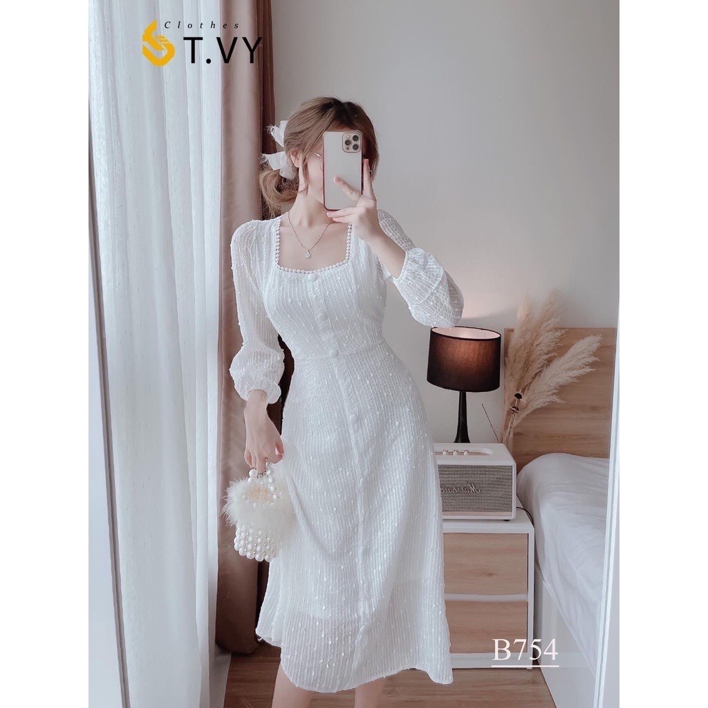 Đầm dự tiệc đầm trắng cổ vuông tay phồng dáng dài Manet Dress