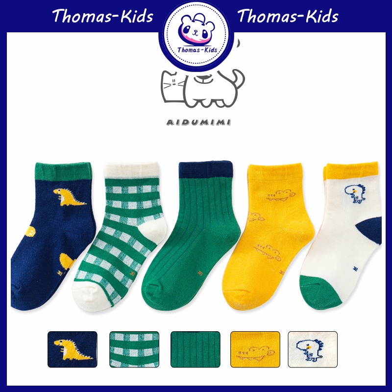 Set 5 Đôi Vớ Cotton Thấm Hút Mồ Hôi Thoáng Khí Họa Tiết Khủng Long Dành Cho Bé Trai 1-12 Tuổi