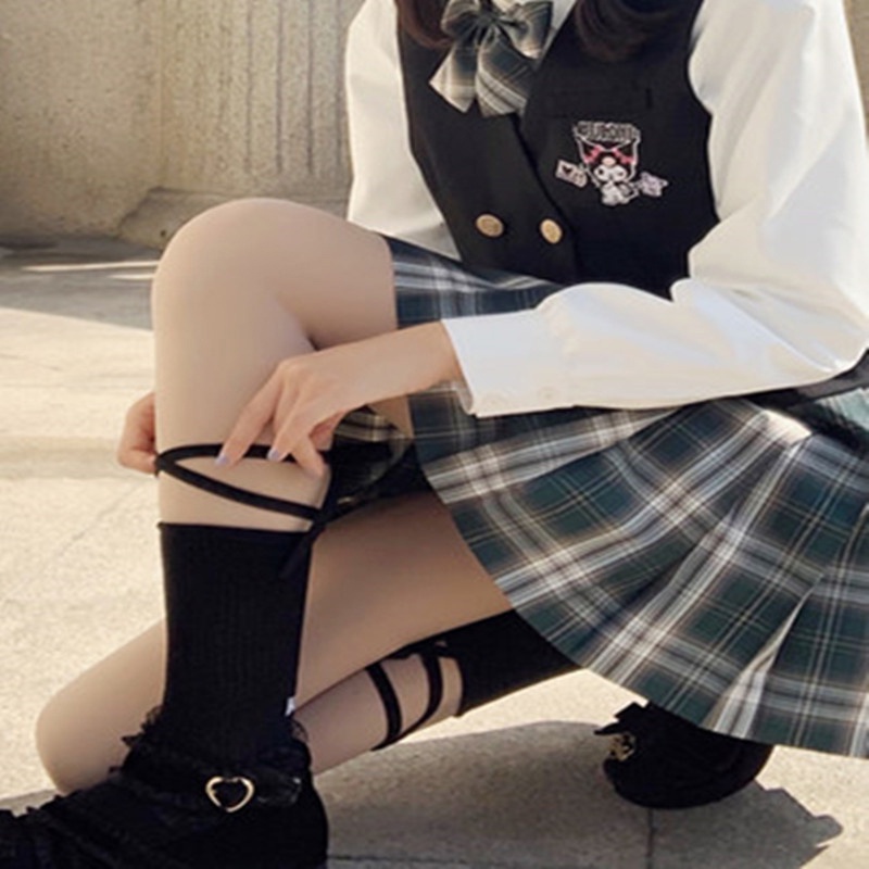 Vớ Cotton Lolita Nhật Bản Màu Trắng/Đen Có Dây Dài Thắt Nơ In Chữ Tốt Thời Trang Cho Nữ