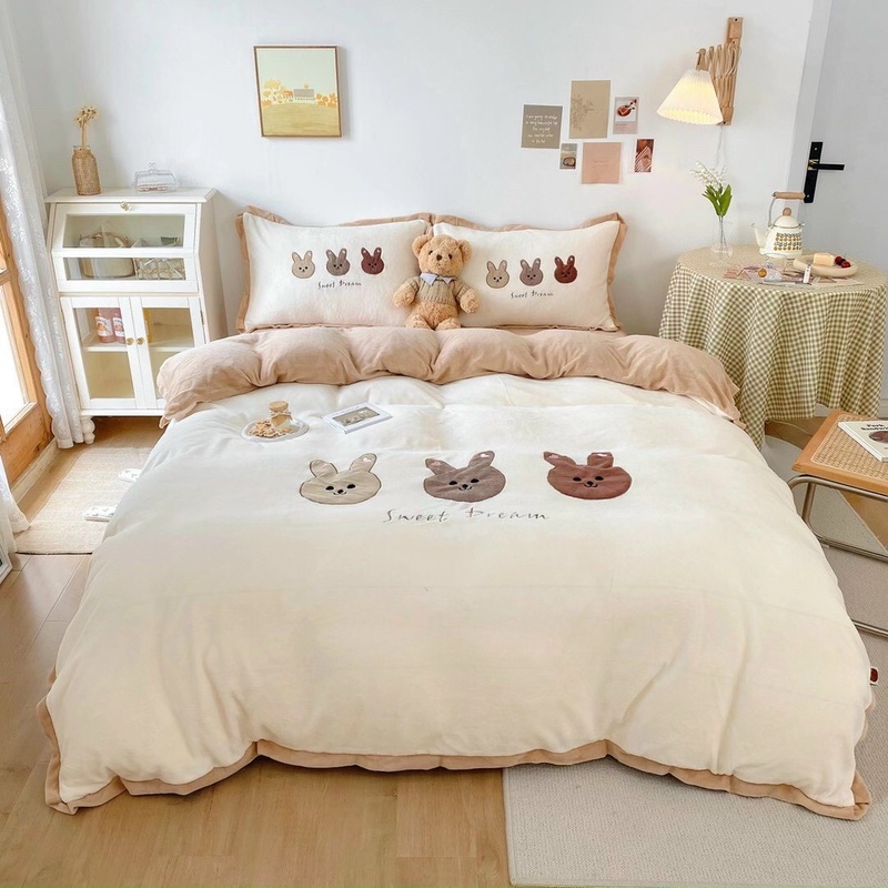 [Rẻ vô địch] Bộ chăn ga gối Cotton Gấu Và Thỏ, chăn ga Decor Hàn Quốc đủ size đệm miễn phí bo chun