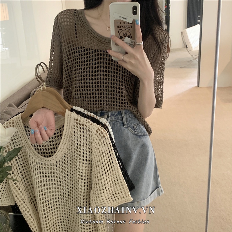 DUNEA Áo Thun Dệt Kim Ngắn Tay Dáng Rộng Kiểu Retro Hàn Quốc 4 Màu Lựa Chọn