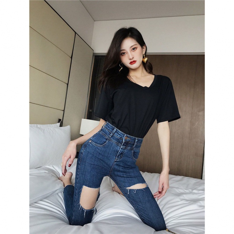 Quần jean nữ lưng cao rách gối Mixi, mang phong cách đầy cá tính Hàn Quốc J001