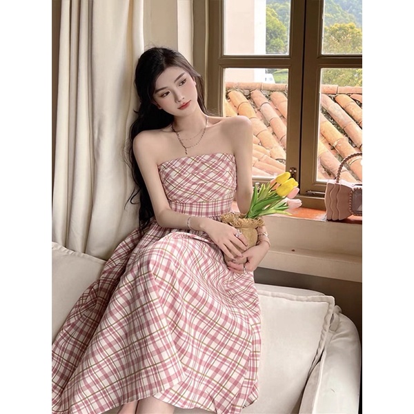 Váy nữ hoạ tiết kẻ xếp ly ngực dáng dài