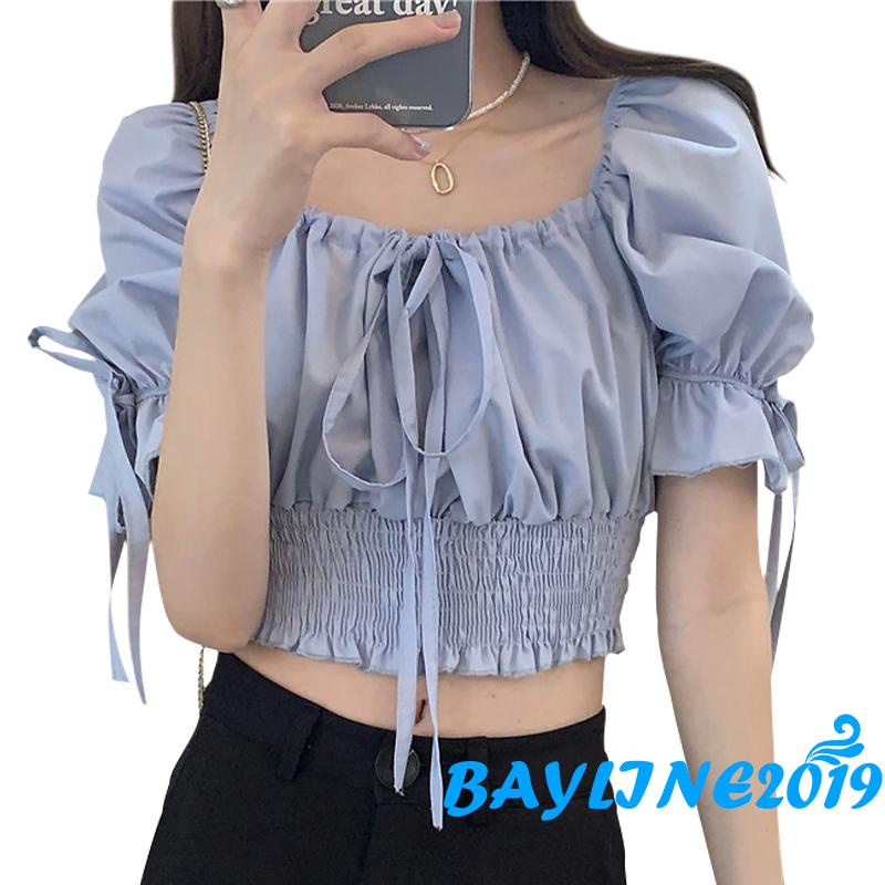 Áo Croptop Tay Phồng Ngắn Màu Trơn Có Dây Rút Thời Trang Cho Nữ
