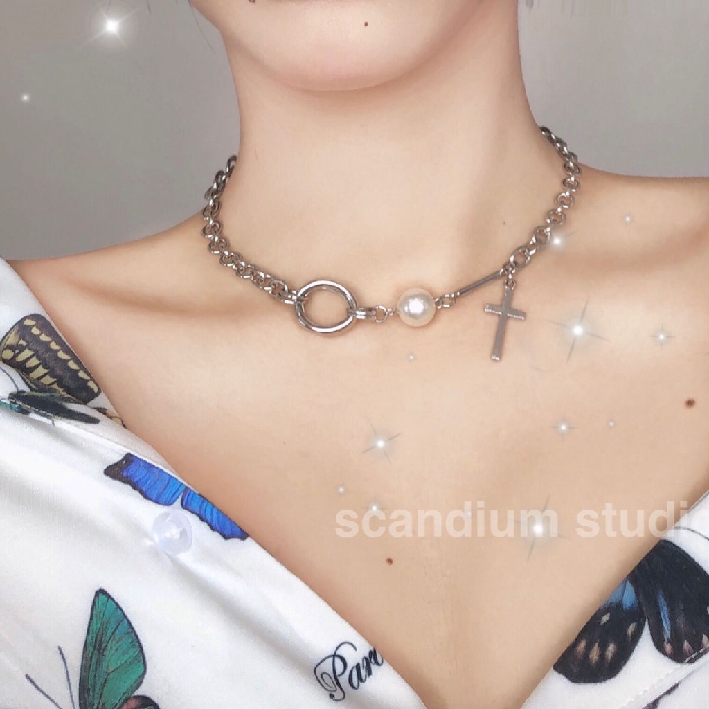 Vòng Cổ Mặt Chữ Thập Phối Ngọc Trai Giả Xinh Xắn Cá Tính Cho Nữ