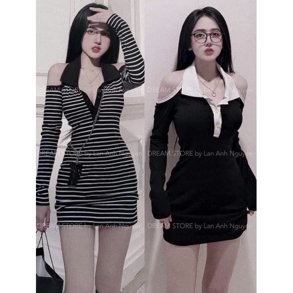 Đầm body cô bẻ chồng cổ tay dài hở vai phối sọc viền chất vải thun gân len 4 chiều, Váy ngắn trễ vai | BigBuy360 - bigbuy360.vn