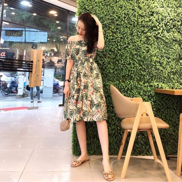 ĐẦM HOA LÁ TRỄ VAI CHẤT LINEN