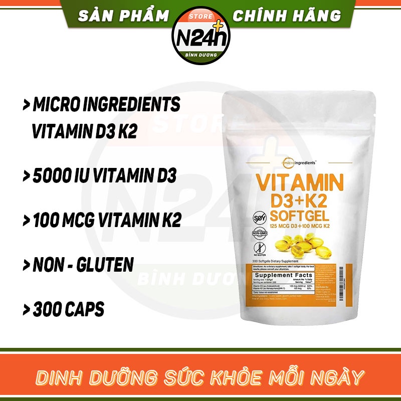 MICROINGREDIENTS VITAMIN D3 K2 300 VIÊN Vitamin D3 k2 Tăng Cường Sức Khỏe Xương Khớp
