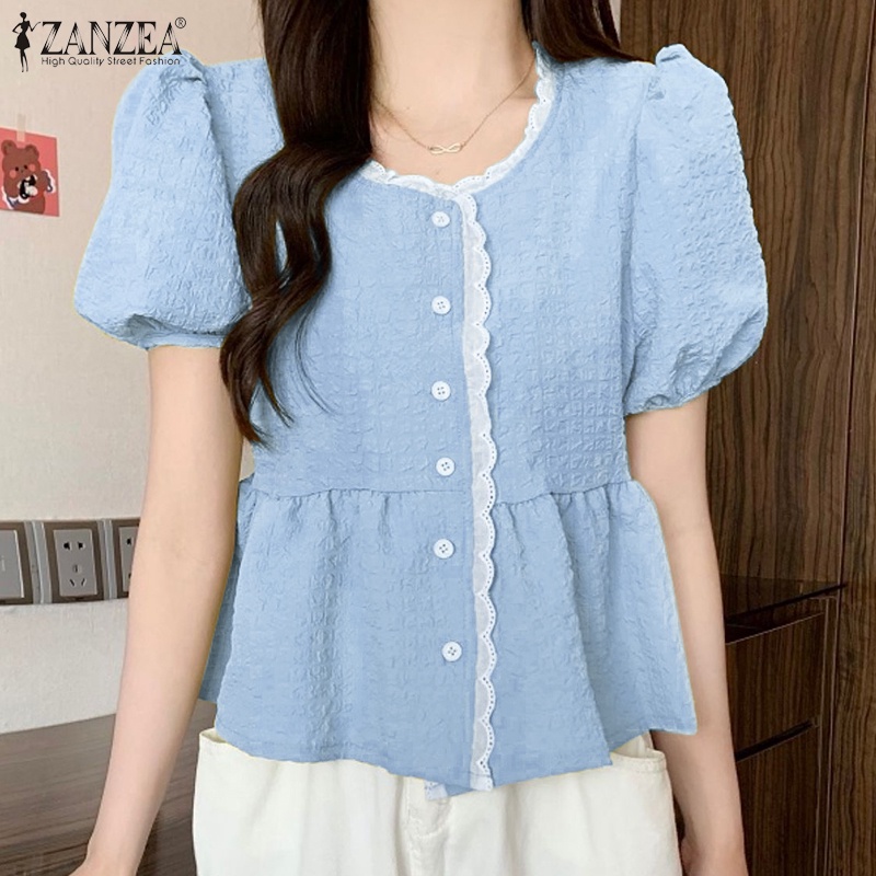 Áo peplum Zanzea tay phồng cổ tròn cài nút thời trang cho nữ