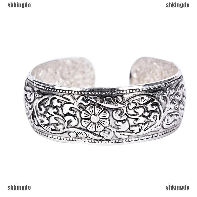 Vòng Tay Mạ Bạc Khắc Họa Tiết Hoa May Mắn Phong Cách Tây Tạng