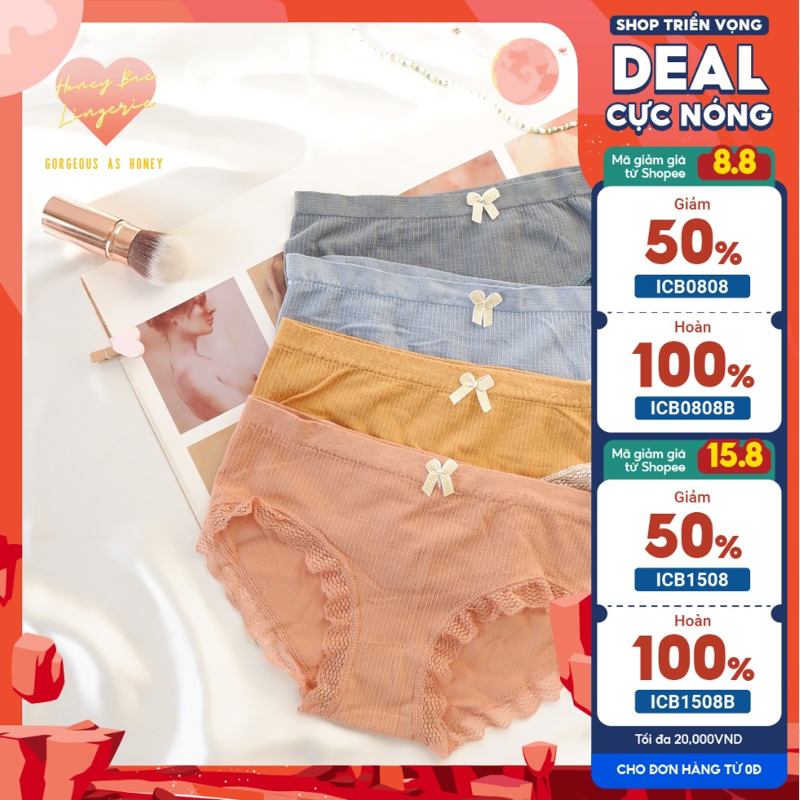 Quần Lót Nữ Cotton Dệt Kim đính nơ kháng khuẩn thoáng mát mềm mại co dãn siêu xịn gân tăm COT001 Honey Bae Nội Y