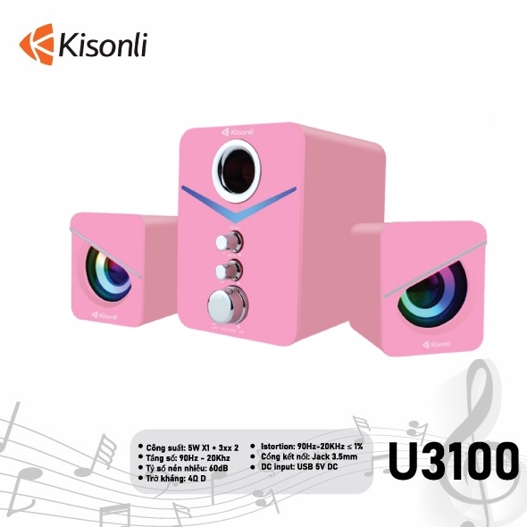 Loa Máy Tính Để Bàn 2.1 Kisonli U-3100 Màu Hồng Dễ Thương Có Dây LED RGB 7 Màu Cực Đẹp Loa Vi Tính Nghe Nhạc Laptop PC