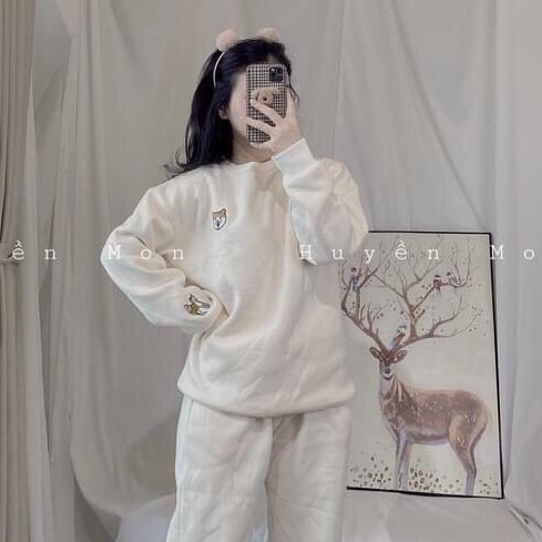 Set Nỉ Bông Form Rộng Tay Bồng Unisex Nam Nữ, Bộ Nỉ Áo Sweater Kèm Quần thêu logo chó Shiba Siêu Bassic