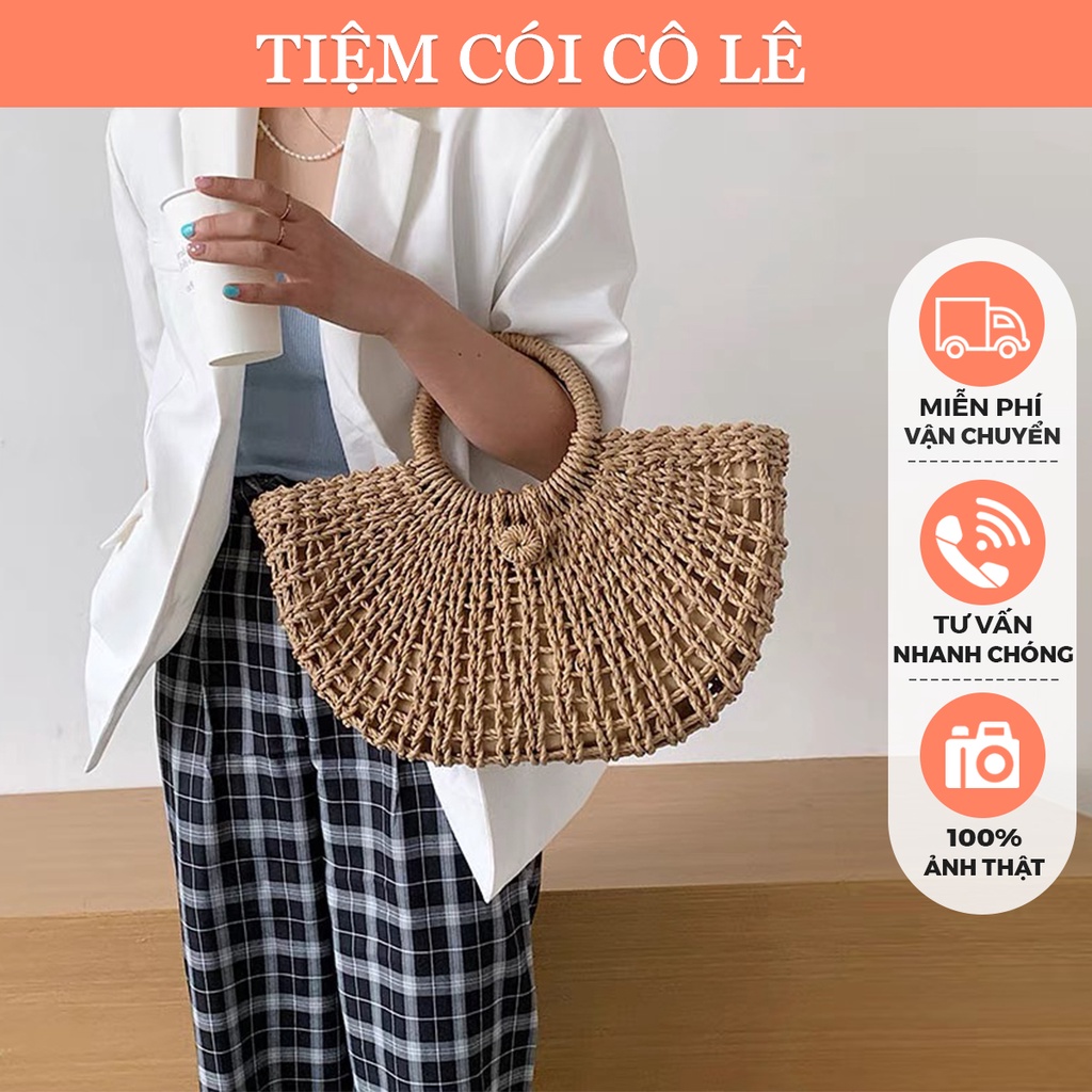 Túi cói bán nguyệt đan rẻ quạt quai xách tròn thời trang, xinh xắn - Tiệm Cói Cô Lê