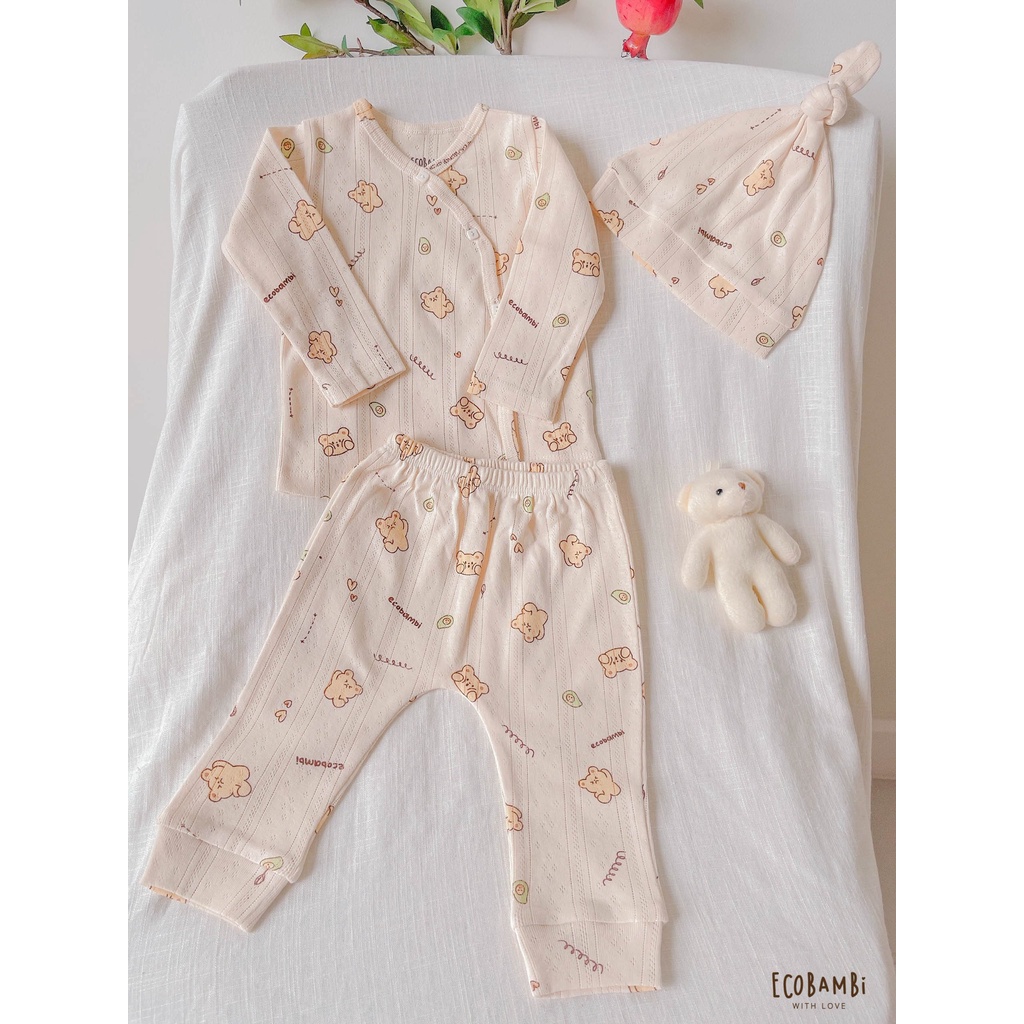 NEWBORN - Bộ thun cotton CÀI CHÉO, DÀI TAY dành cho trẻ sơ sinh, kiểu dệt Jacquard in hoạ tiết Ecobambi