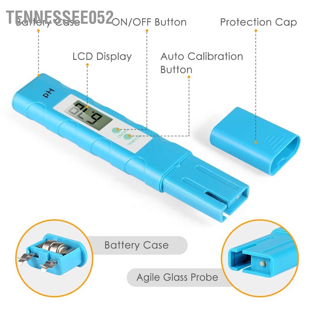 Tennessee052 Máy đo PH Màu xanh nhạt cầm tay Độ chính xác cao với nhiệt độ Bể cá hồ bơi Axit kiềm Bút thử nghiệm kỹ thuật số