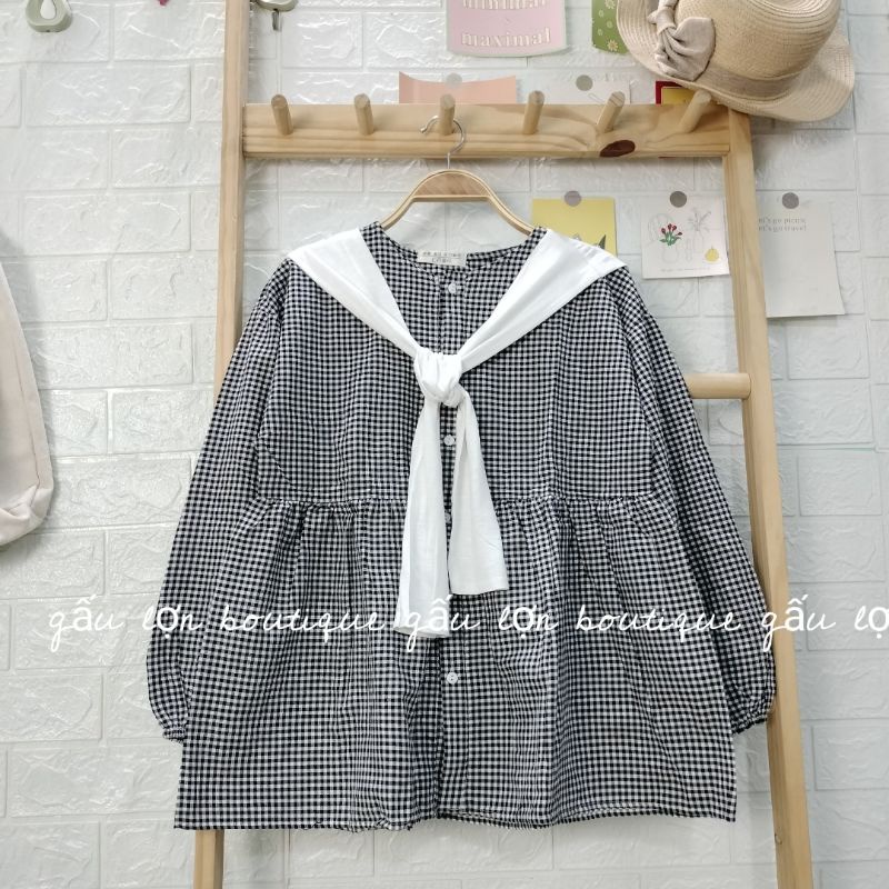 Áo babydoll kẻ caro kèm khăn quàng ulzzang hàn quốc