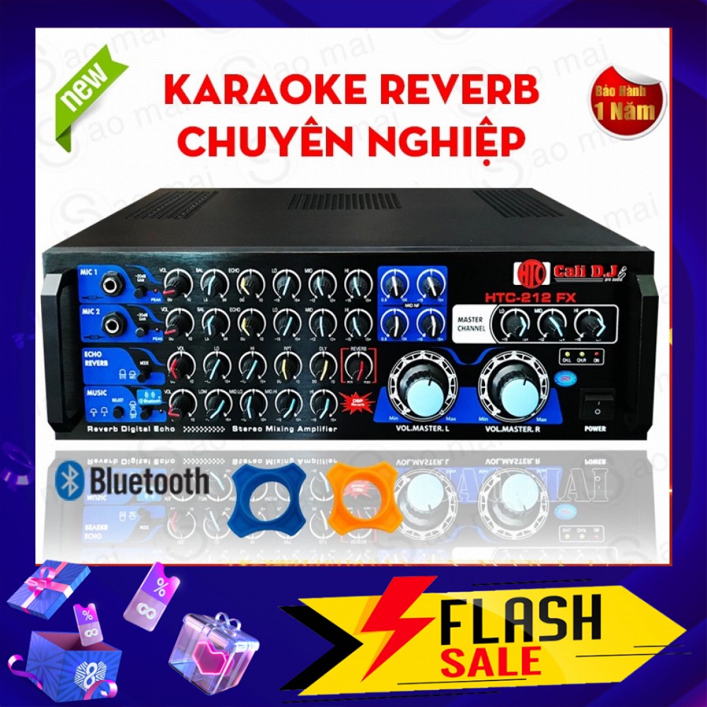 Ampli Karaoke Bluetooth, Amply Reverb Cali D.J HTC-212FX Hàng Cao Cấp ( Tặng 2 Chống lăn Micro )