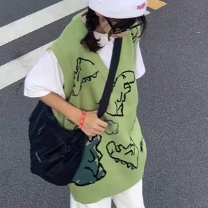 Áo gile len Sát Nách Dáng Rộng Cổ Chữ Hoạt Hình Khủng Long