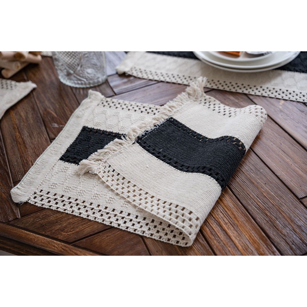 Khăn Trải Bàn Ăn Bằng Cotton Lanh Thêu Họa Tiết Kẻ Sọc Phối Tua Rua Thời Trang Tiện Dụng Cho Nhà Bếp