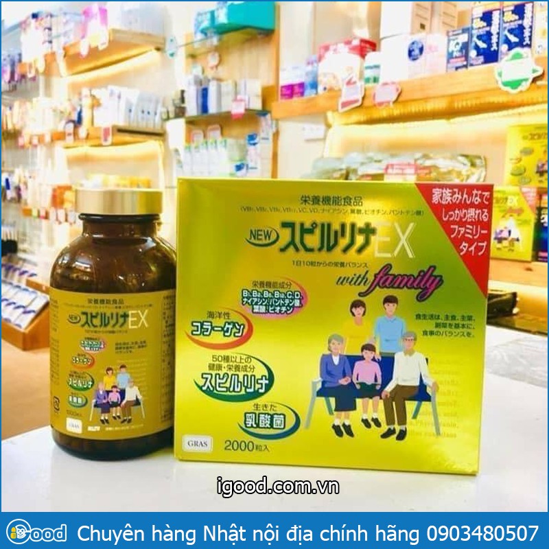 [Giá tốt]  Tảo vàng Spirulina EX Nhật Bản (1 set 2 lọ, mỗi lọ 1000 viên)