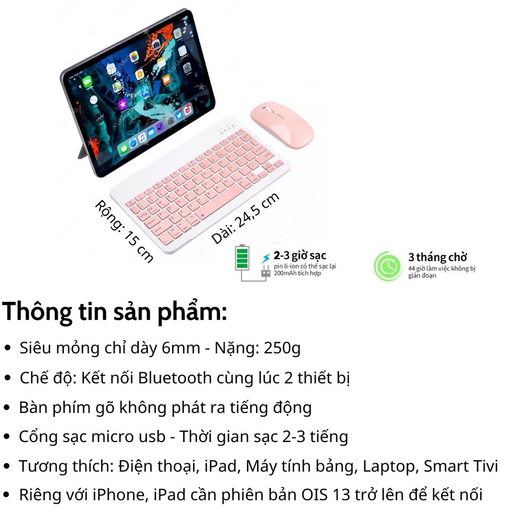 Combo bàn phím &amp; chuột không dây bluetooth nhiều màu sắc nhỏ gọn cho điện thoại máy tính bảng ipad laptop macbook tivi