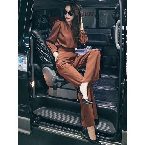 Jumpsuit Dài Ống Suông Cổ V Màu Nâu Sang Trọng- Đồ Bay Đẹp Cao Cấp Sang Trọng Hot Size Cực Chuẩn Giá Tốt