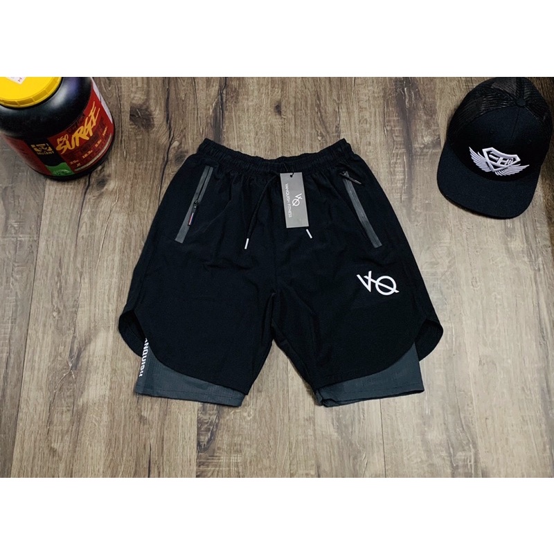 [sale sốc] quần short gym  2 lớp VANQUISH form ngắn tới đùi cực chất.