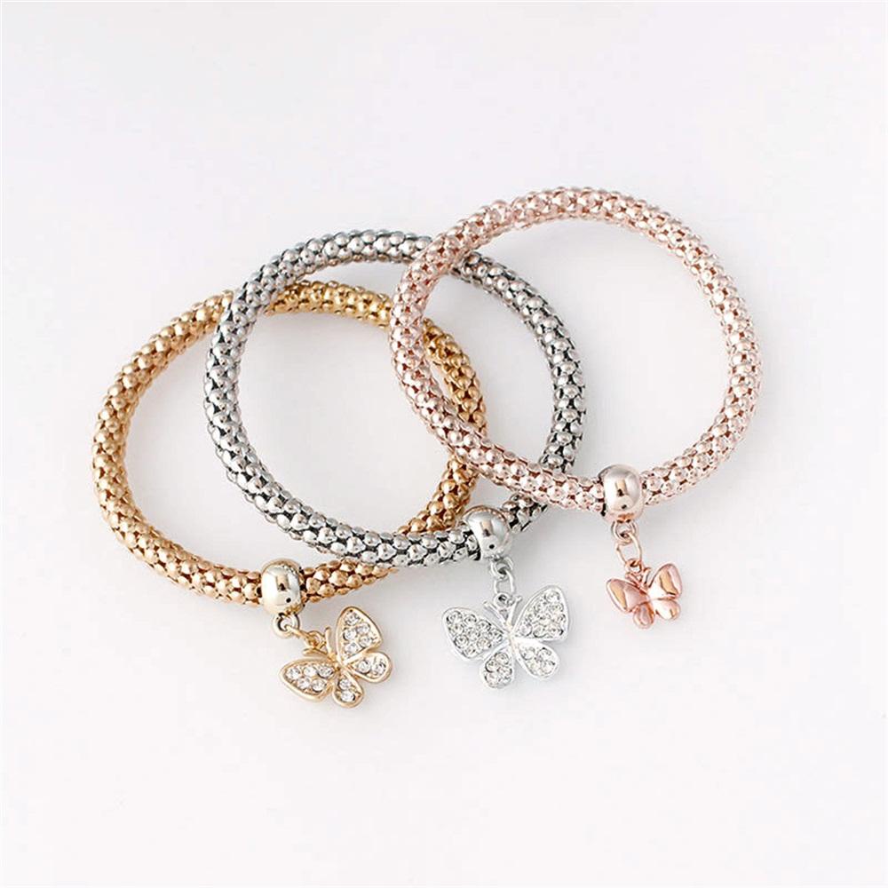 Set 3 Vòng Tay Nhiều Lớp Thời Trang|Hoa Hồng Giả Trang Trí|Mặt Dây Chuyền Hình Bướm / Trái Tim Xếp Chồng Lên Nhau