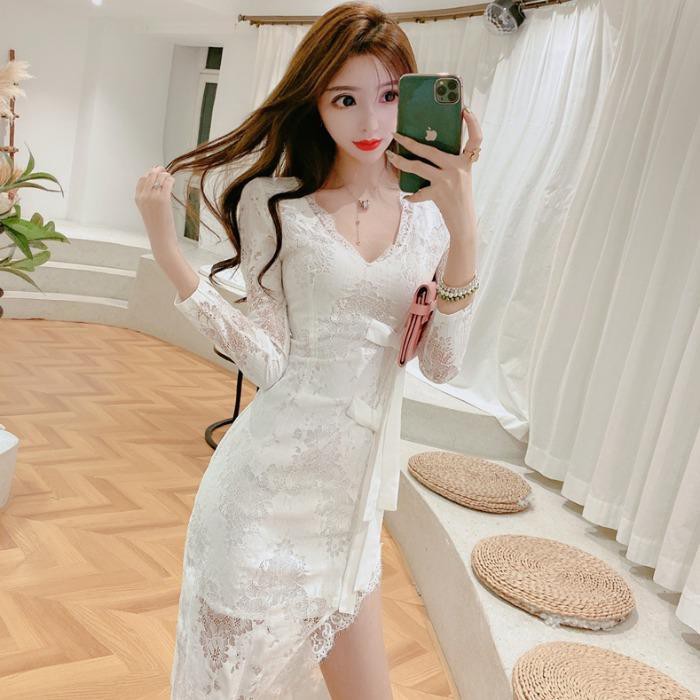 trang phụcIrregular skirt girl vogue of new fund 2020 autumn fashion v-neck lace bowknot cultivate one s morality show thin long-sleeved dress