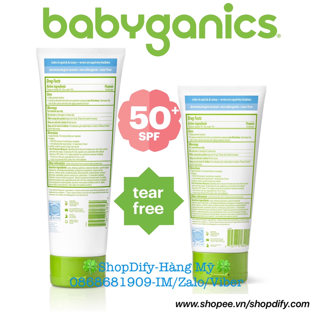 Kem chống nắng vật lý cho Bé, Trẻ em SPF50 BABYGANICS Mineral Based Sunscreen lotion SPF 50+ 59ml 177ml 236ml Mỹ mẫu mới