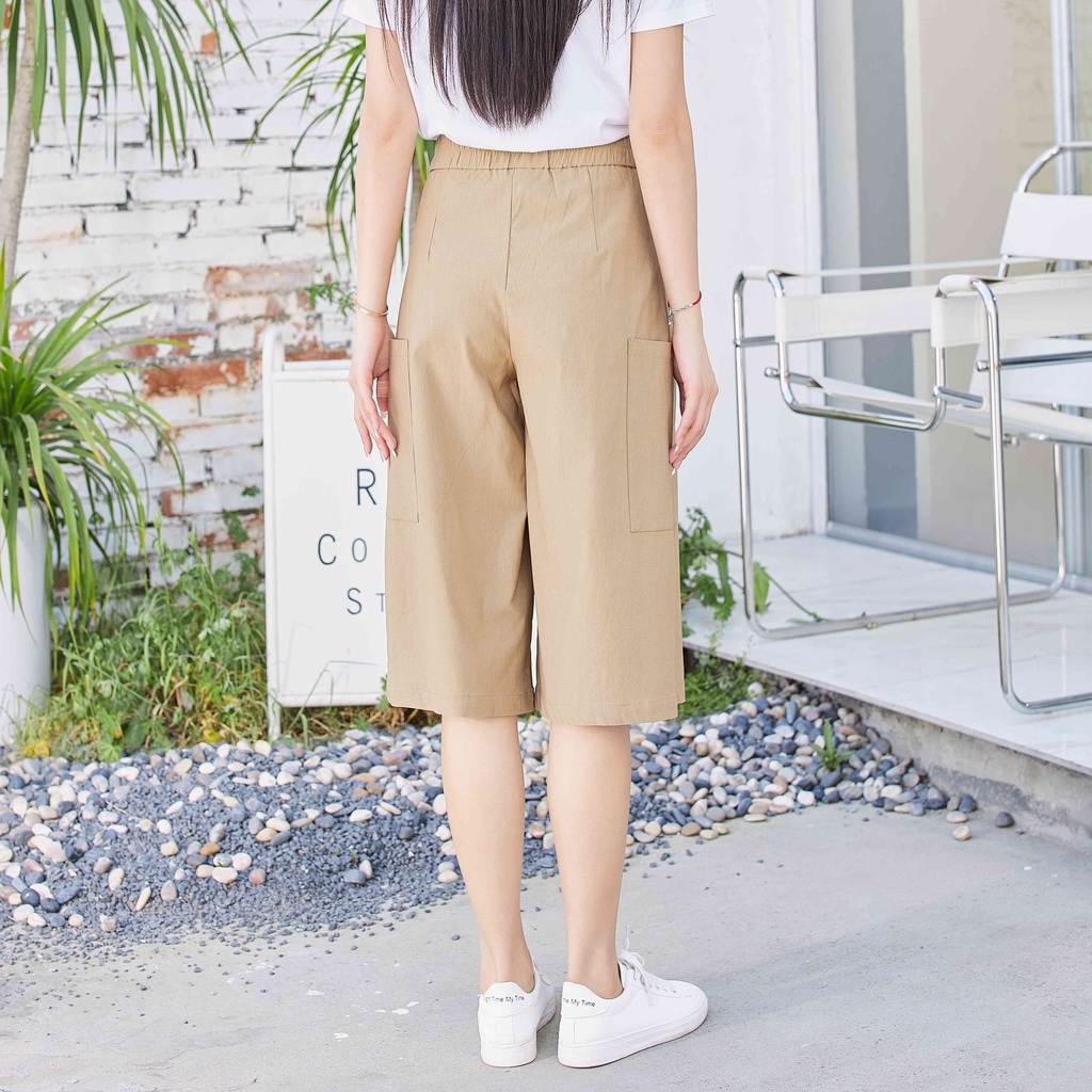 Eyouth 10120 Quần culottes Lưng Cao Ống Rộng 3 / 4 Phối Túi Thời Trang Cho Nữ