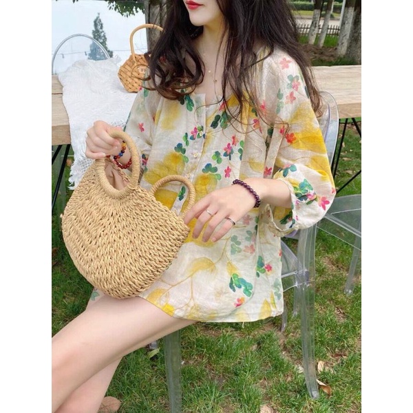 ÁO KIỂU SƠ MI HOA CỔ TRỤ TAY LỞ Lh0917399527