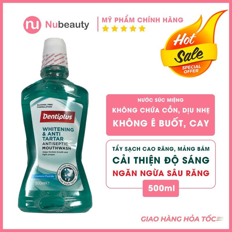 Nước súc miệng không cồn Dentiplus Whitening & Anti-Tartar tẩy trắng răng, chống cao răng và khử trùng