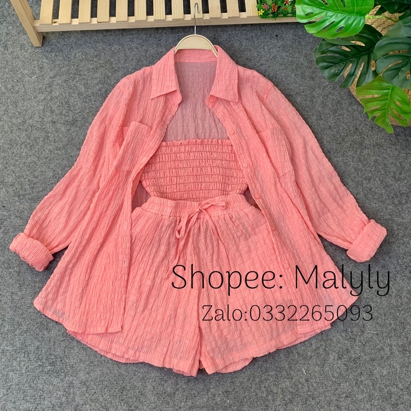 [ HÀNG THIẾT KẾ ] SET SƠ MI BA MÓN KHOÁC + ÁO ỐNG + QUẦN ( ẢNH SHOP CHỤP )