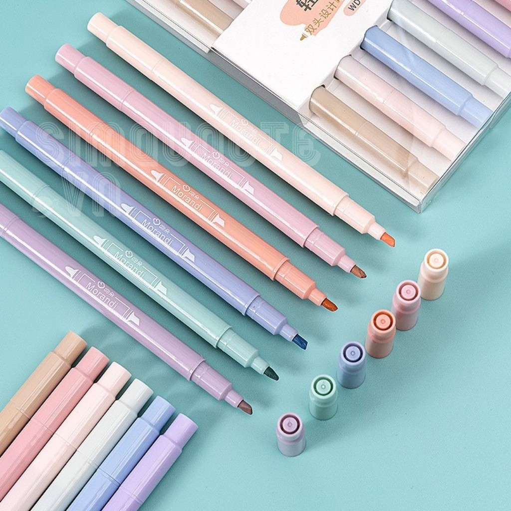 Bộ 6 bút lông màu có 2 đầu highlight và đầu nhọn màu pastel dễ thương ST189