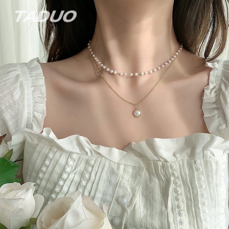 Vòng cổ Hai Lớp Đính Ngọc Trai Sang Trọng Phiên Bản Hàn Quốc