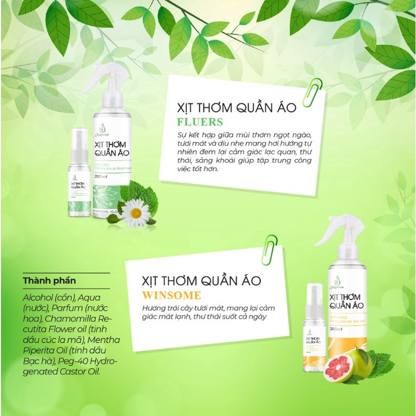 Xịt thơm quần áo JULYHOUSE chiết xuất tinh dầu thiên nhiên thơm mát ngày dài (Chai 20ml/280ml)