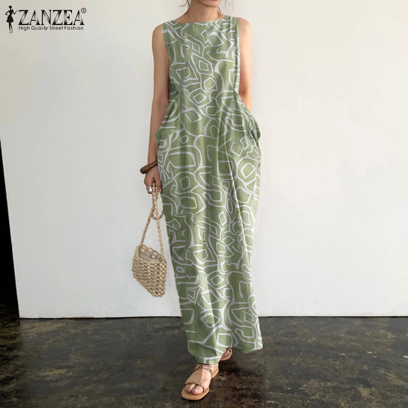 Đầm dài Zanzea không tay họa tiết hình học thời trang nữ tính