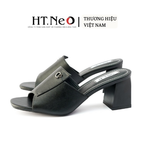 Guốc nữ HT.NEO Da thật,đế vuông cao 6cm, đính khuy  thiết kế thanh lịch siêu HOT 2022 SDN114