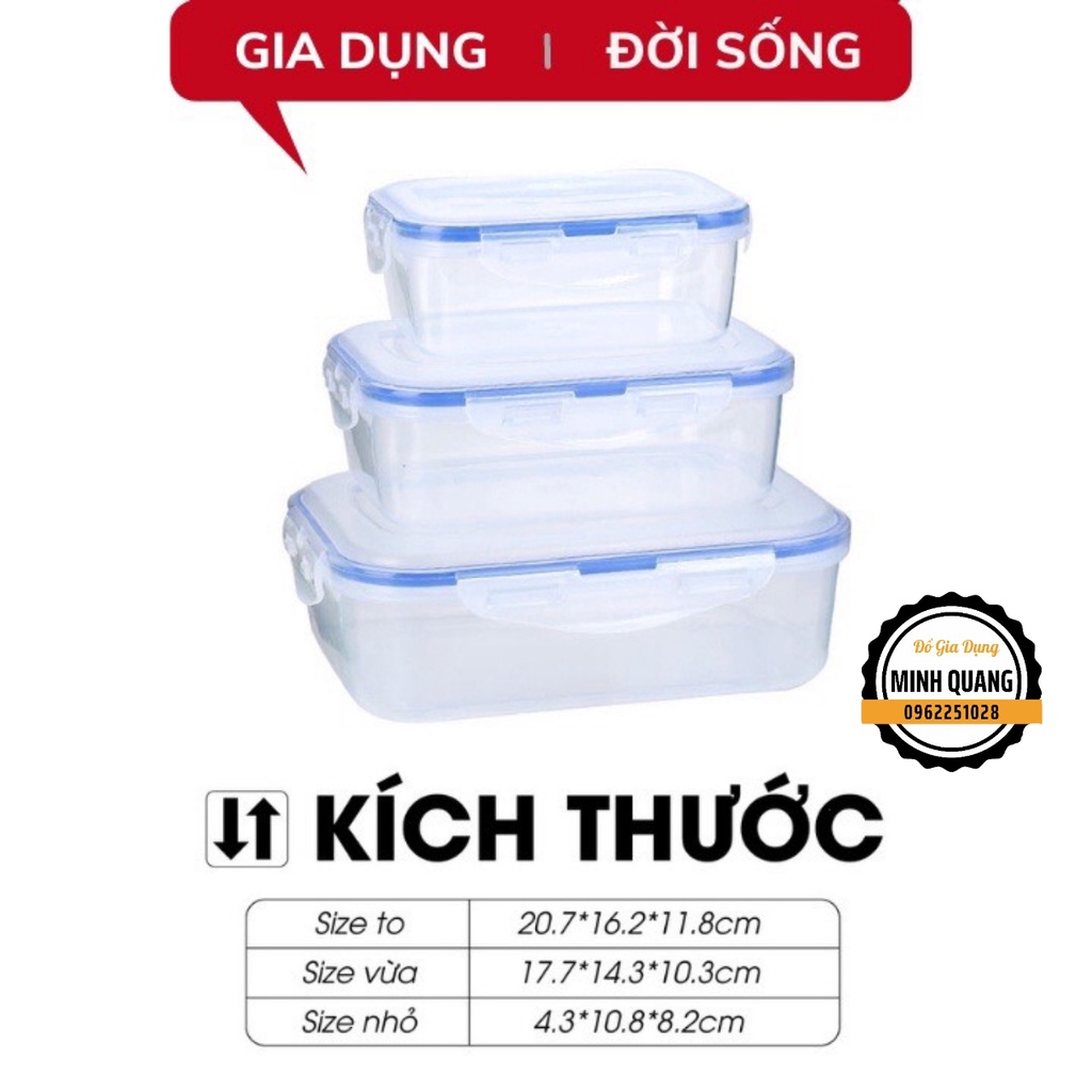 Bộ 3 Hộp Đựng Thực Phẩm Chữ Nhật Nhựa Việt Nhật, Hộp Bảo Quản Thức Ăn 4 Khóa Cài Chắc Chắn