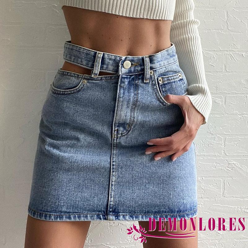 Chân Váy Ngắn Denim Cạp Cao Dáng Chữ A Sành Điệu Thời Trang Cho Nữ