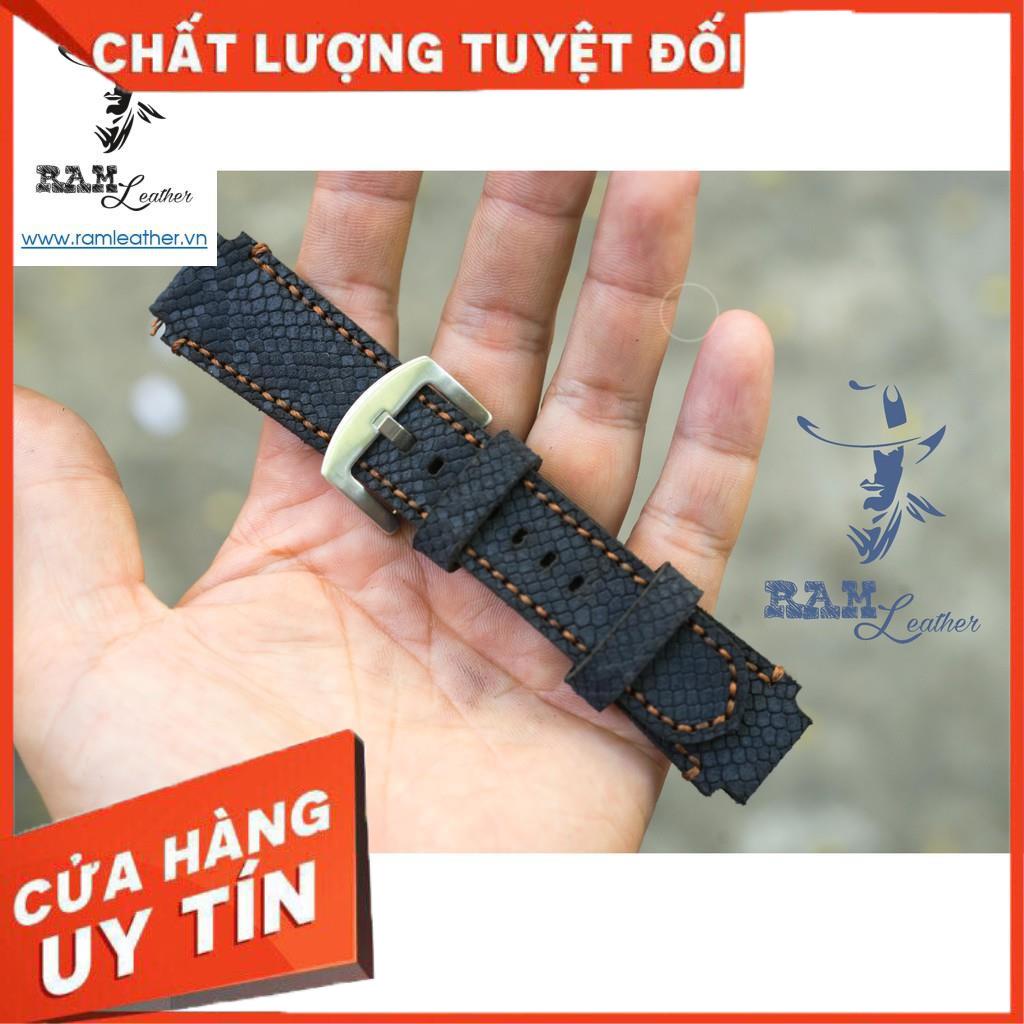 Dây đồng hồ da bò cho Casio AE1200 WHD và Seiko 5 37mm (Tặng Khóa + Cây thay dây + 2 chốt) - Da bò lộn navy chỉ vàng +
